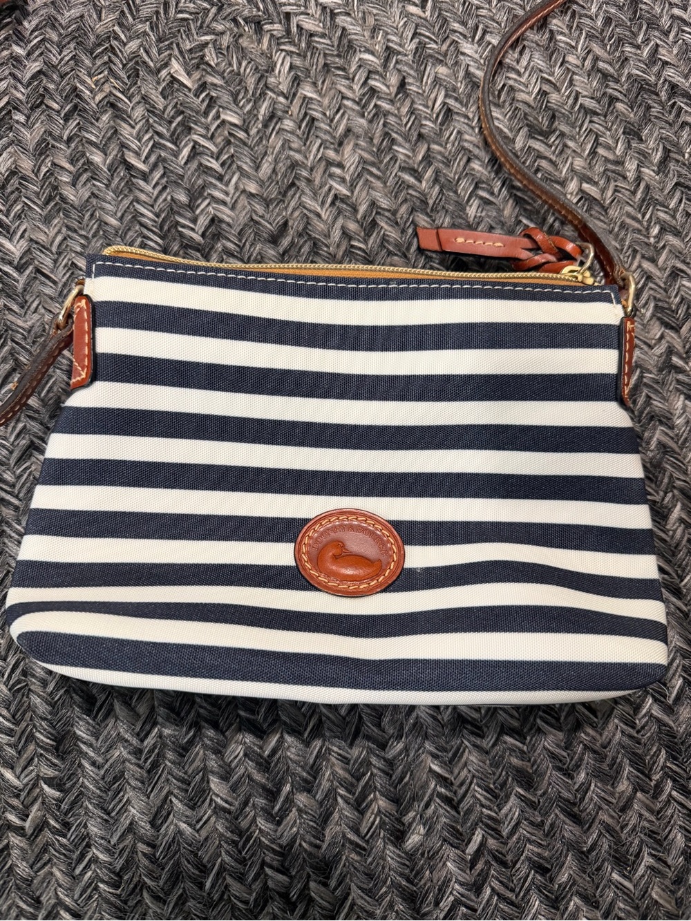 Dooney & Bourke Navy and White Striped Wristlet with Brown Trim